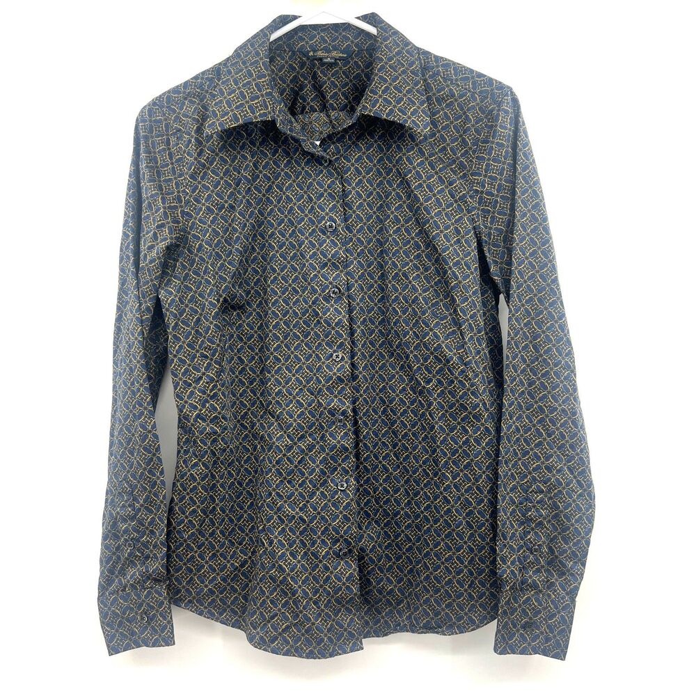 Brooks Brothers Womens Sz 8 Supima Cotton Chain Print Button Down Shirt Navy